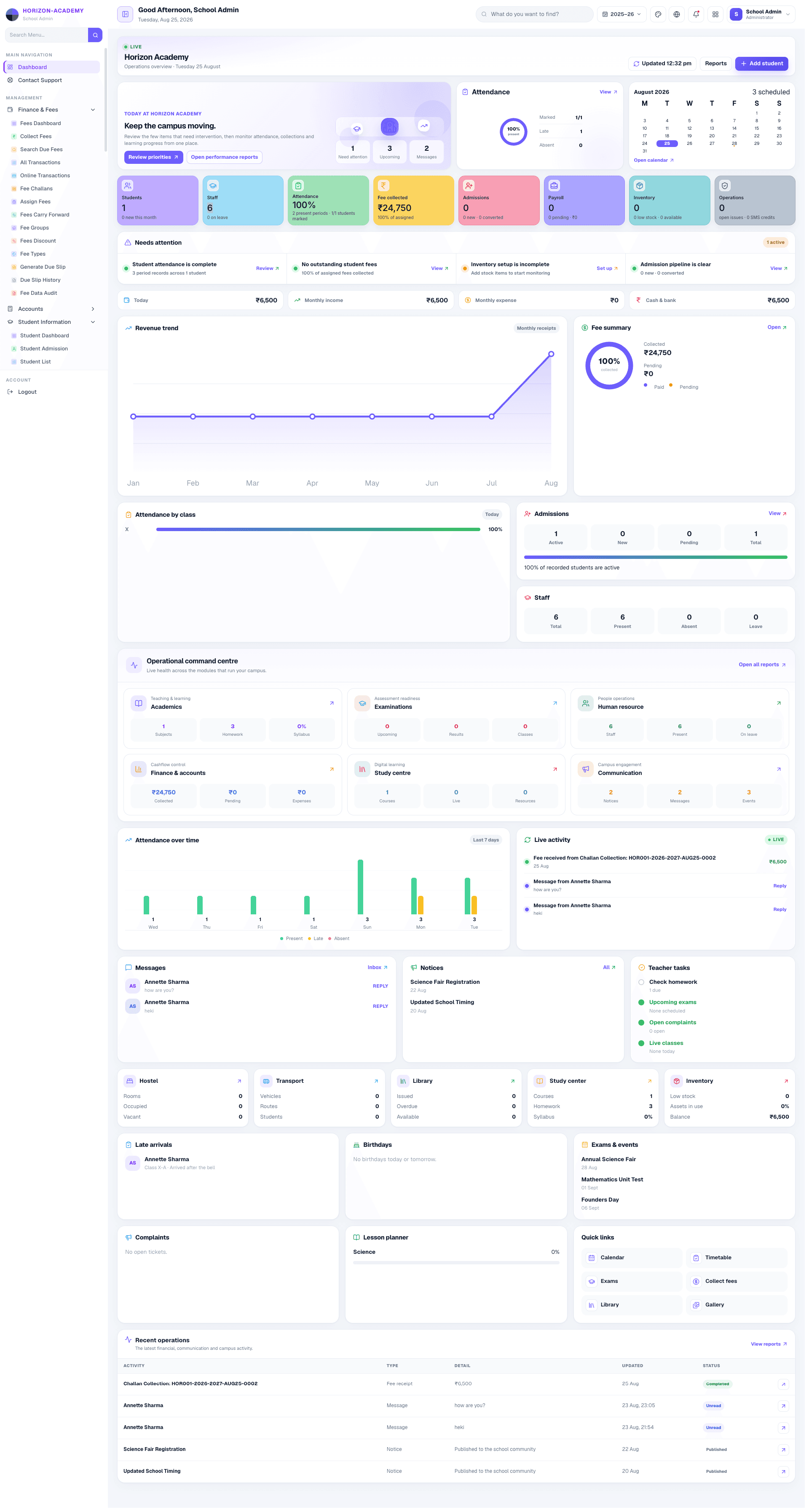 Tevixa school administration dashboard with campus KPIs and operational modules