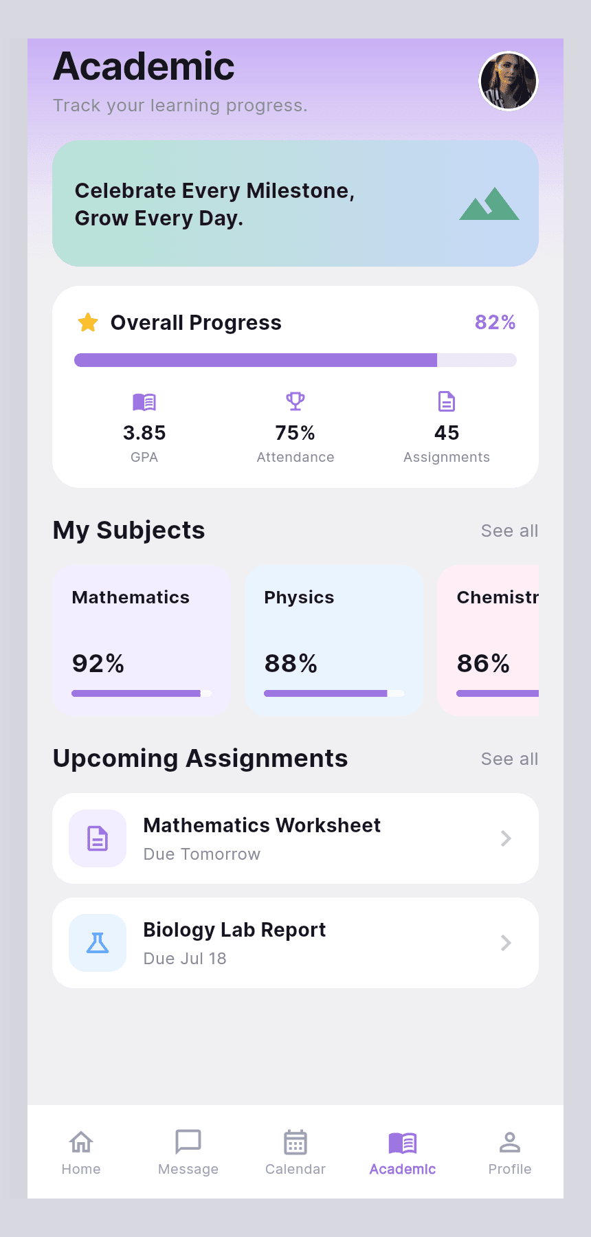 Tevixa student academic overview showing progress, subjects and assignments