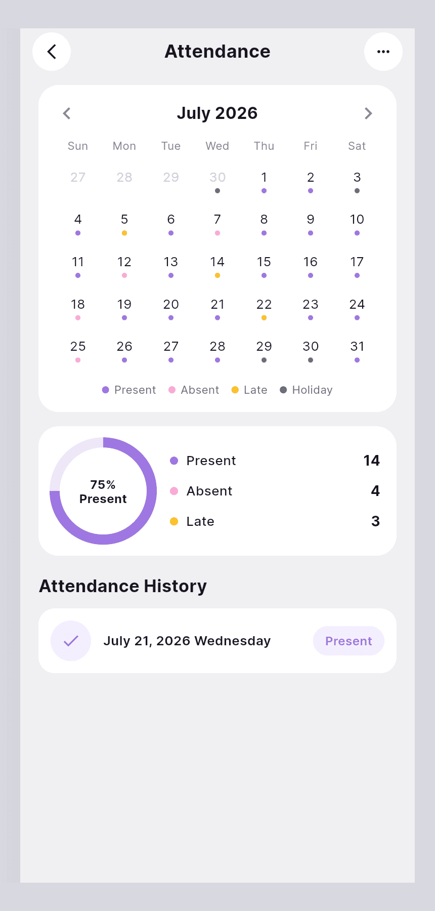 Tevixa student attendance calendar and subject attendance summary