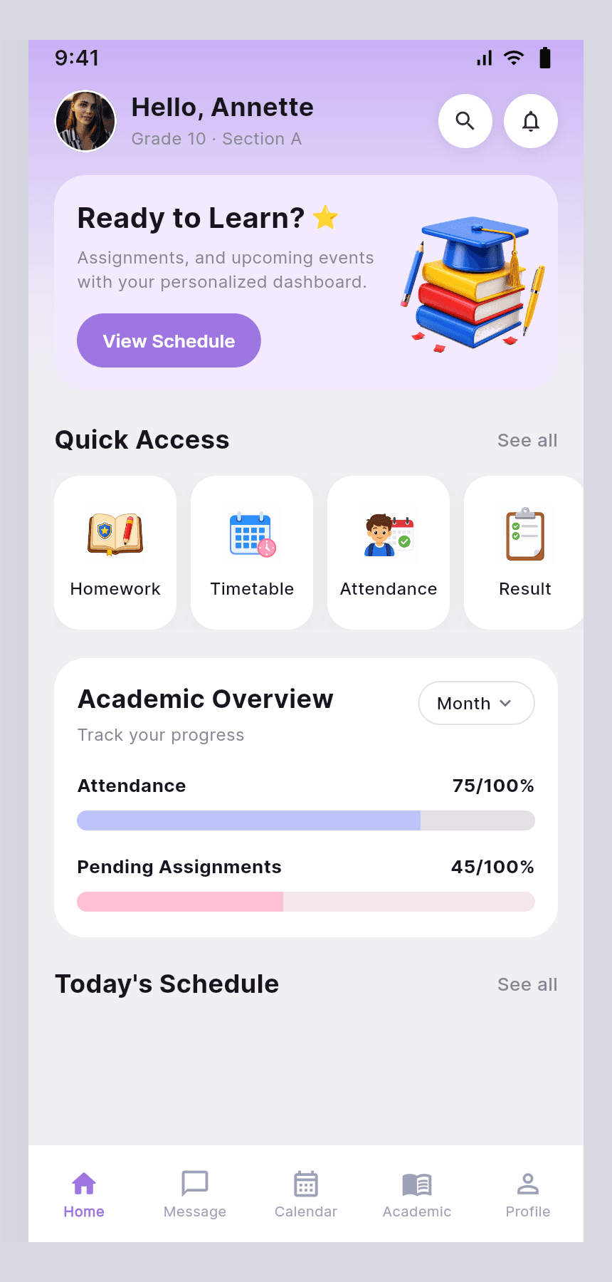 Tevixa student mobile home screen with academic tools and school updates
